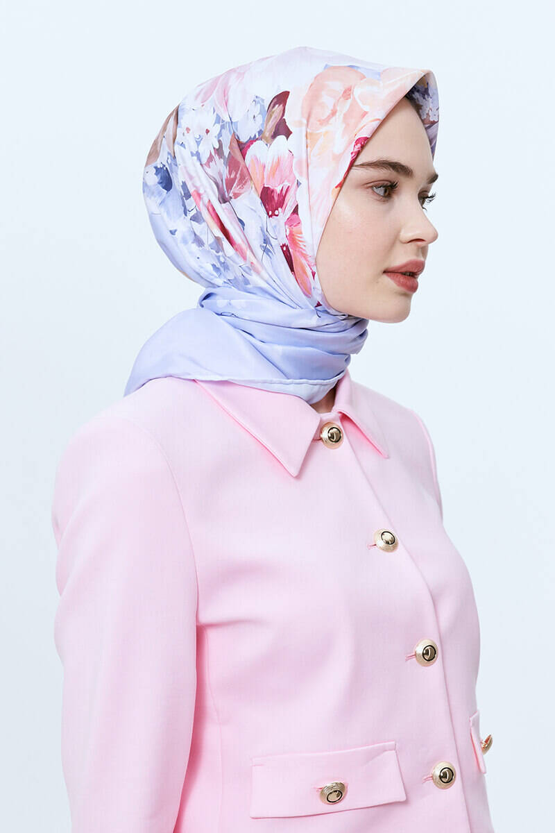 Çiçek Desenli Pastel Twill Eşarp - Frezya - 2