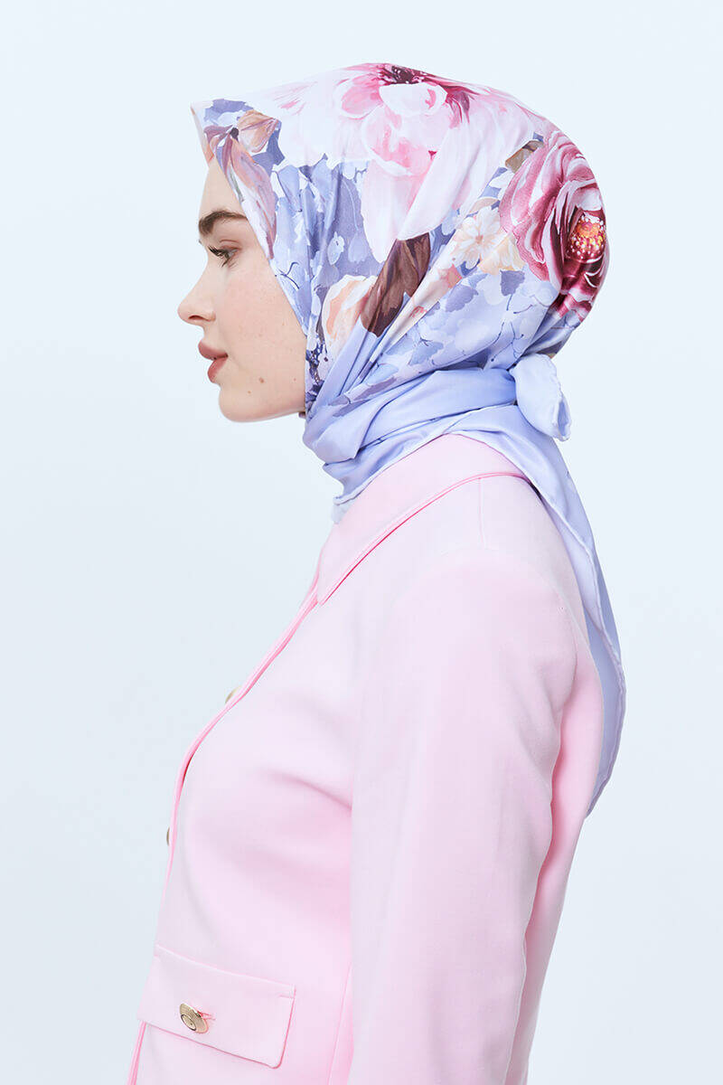 Çiçek Desenli Pastel Twill Eşarp - Frezya - 3