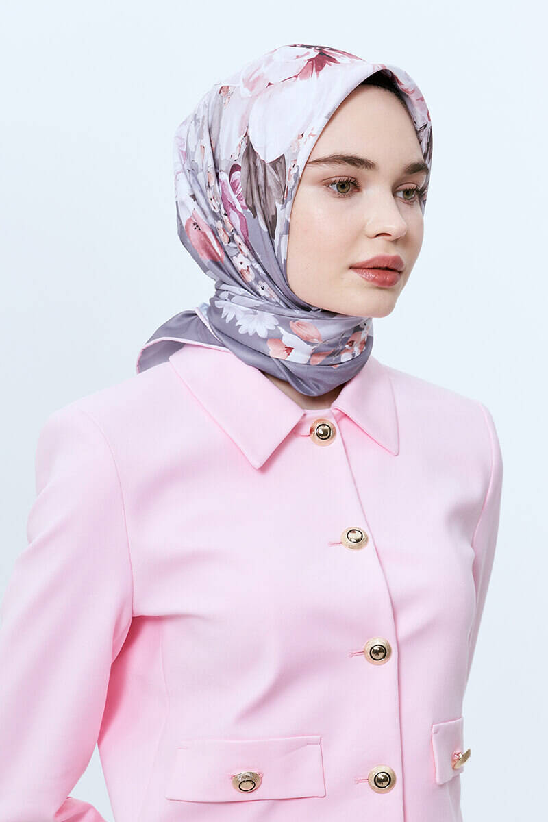 Çiçek Desenli Pastel Twill Eşarp - Gri - 2