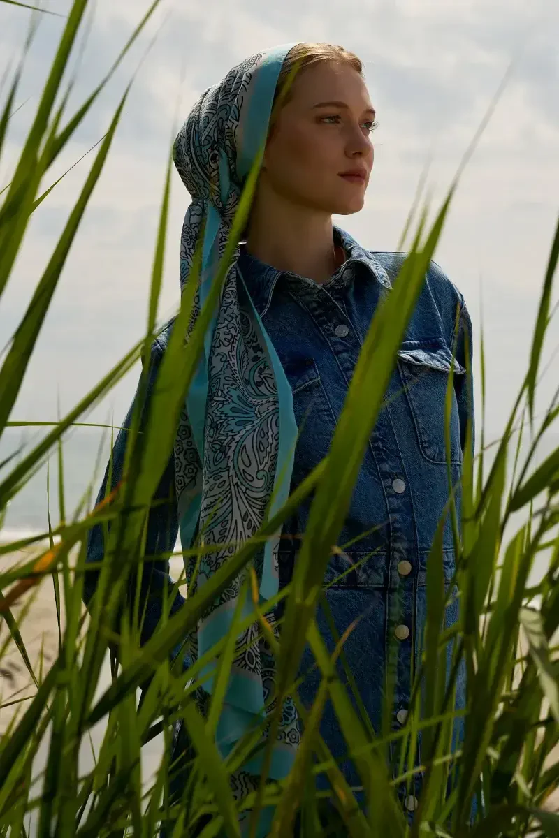 Karmaşık Desen Pamuk İpek Şal - Turkuaz Mavisi - ED Scarf