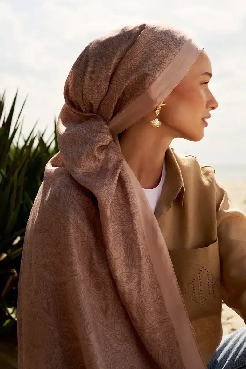 Kendinden Desenli Pamuk İpek Şal - Bej - ED Scarf