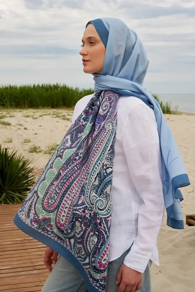 Tek Tarafı Desen Pamuk İpek Şal - Mavi - ED Scarf