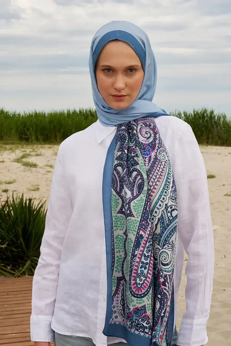 Tek Tarafı Desen Pamuk İpek Şal - Mavi - ED Scarf
